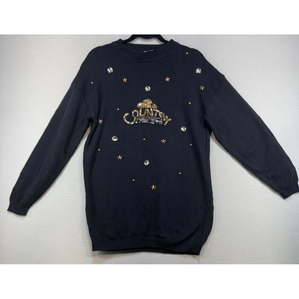 Vintage Gepetto Country Embellished Crewneck Sweater One Size Fits All Black Gol